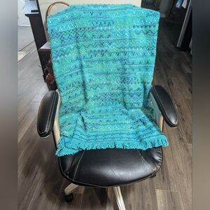 Hand Made Swedish Weaving Throw Blanket. Teal and Yellow Patterned. 56 X 4 Inch.